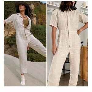Mate the‎ Label Short Sleeve Utility Jumpsuit Romper Beige Tan Women’s Sz SMALL